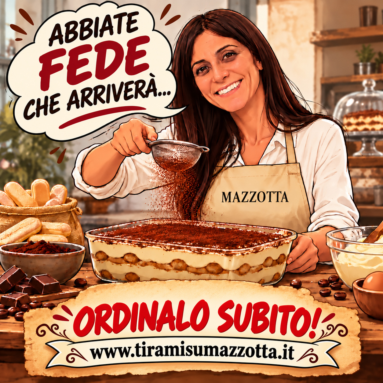 Tiramisù Mazzotta: vignetta ironica della collega che promette di portare il suo tiramisù, ma ancora nessuno lo ha assaggiato